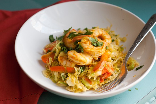 Shredded vegetables and tender shrimp gets tossed in a flavorful, Thai-inspired sauce. This comes together so quickly for an easy weeknight meal! It's also Paleo, Keto, and Whole30 friendly! | Perrysplate.com