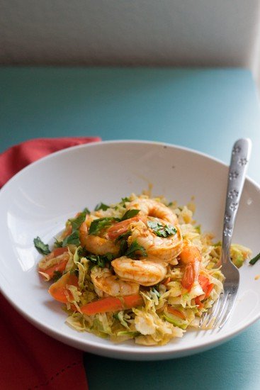 Shredded vegetables and tender shrimp gets tossed in a flavorful, Thai-inspired sauce. This comes together so quickly for an easy weeknight meal! It's also Paleo, Keto, and Whole30 friendly! | Perrysplate.com