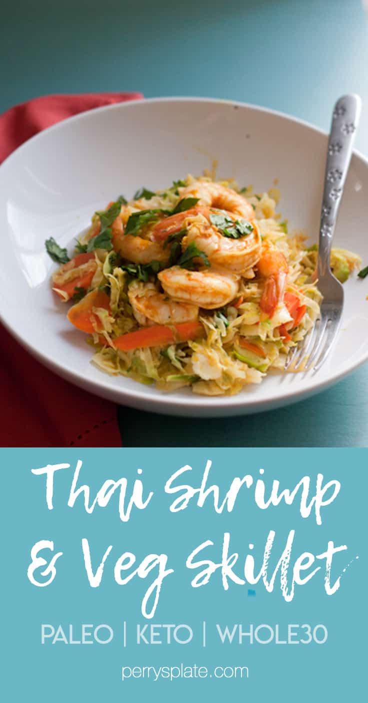 Shredded vegetables and tender shrimp gets tossed in a flavorful, Thai-inspired sauce. This comes together so quickly for an easy weeknight meal! It's also Paleo, Keto, and Whole30 friendly! | Perrysplate.com Shredded vegetables and tender shrimp gets tossed in a flavorful, Thai-inspired sauce. This comes together so quickly for an easy weeknight meal! It's also Paleo, Keto, and Whole30 friendly! | Perrysplate.com