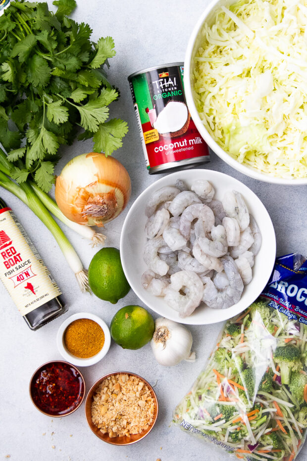 Ingredients for the shrimp stir fry: uncooked shrimp, shredded cabbage, broccoli slaw, coconut milk, cilantro, onion, fish sauce, lime juice, garlic, Thai Spice Blend, crushed peanuts, chili crisp.