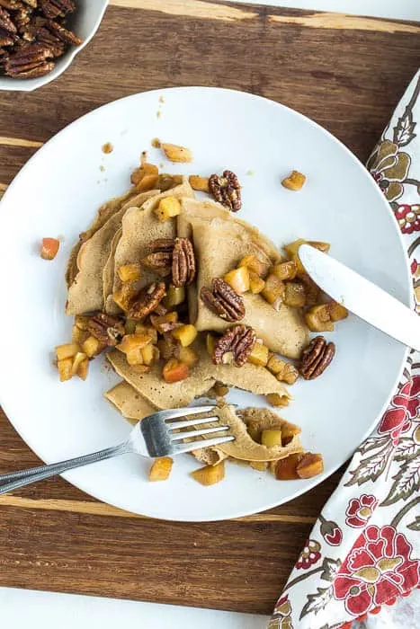 Maple Crepes with Spiced Apples and Glazed Pecans | gluten-free recipes | dairy-free recipes | apple recipes | breakfast | brunch | perrysplate.com