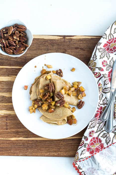 Maple Crepes with Spiced Apples and Glazed Pecans | gluten-free recipes | dairy-free recipes | apple recipes | breakfast | brunch | perrysplate.com