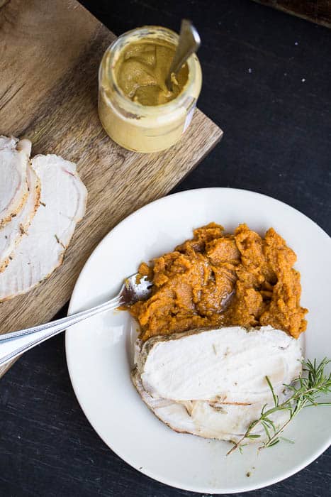 Mustard-Herb Pork Loin with Maple Butternut Mash | perrysplate.com