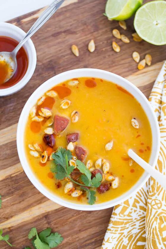 Azteca Squash Soup with Chorizo | perrysplate.com | paleo soup recipe | whole30 recipe | butternut squash soup