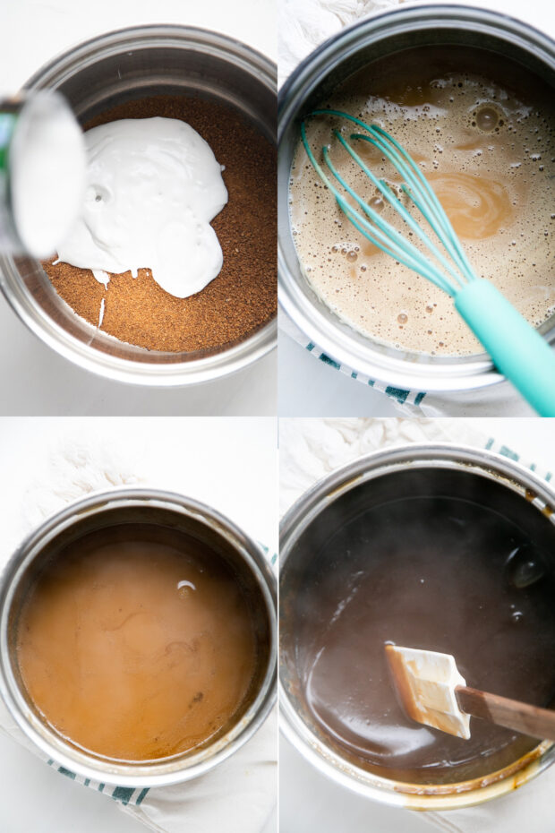 A 4-photo collage showing the progression the coconut milk and the coconut sugar make as the mixture is cooked. It becomes gradually darker and darker as the liquid cooks off.