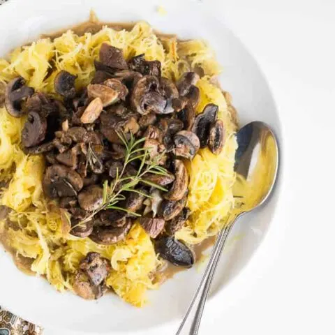 Spaghetti Squash with Roasted Mushroom and Garlic Sauce