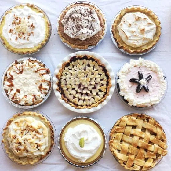 View of 9 different kinds of pie laid out on a table in a grid.