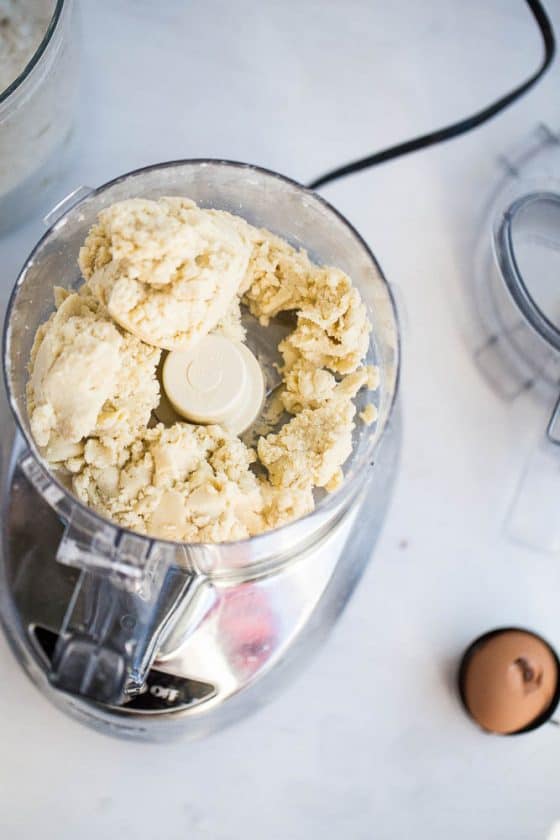 Perfect Gluten-Free Pie Crust -- Even better than most traditional pie crusts! | perrysplate.com | gluten-free recipes | gluten-free baking View of the finished pie crust dough in the food processor.