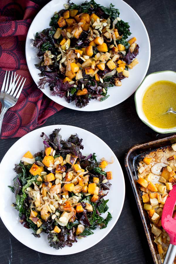 Kale Salad with Roasted Butternut Squash and Apples | paleo recipes | kale recipes | Whole30 recipes | butternut squash recipes | apple recipes | perrysplate.com