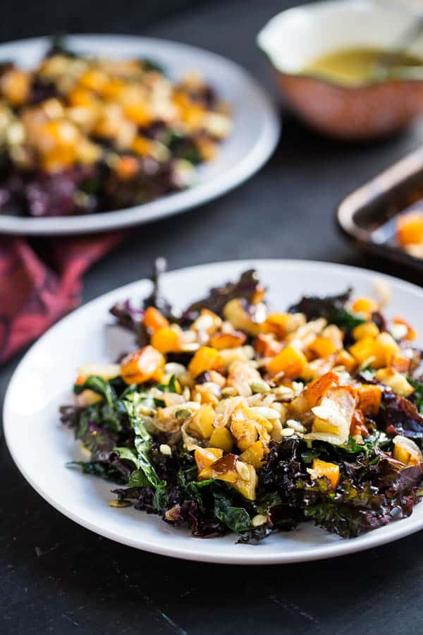 Kale Salad with Roasted Butternut Squash and Apples | paleo recipes | kale recipes | Whole30 recipes | butternut squash recipes | apple recipes | perrysplate.com