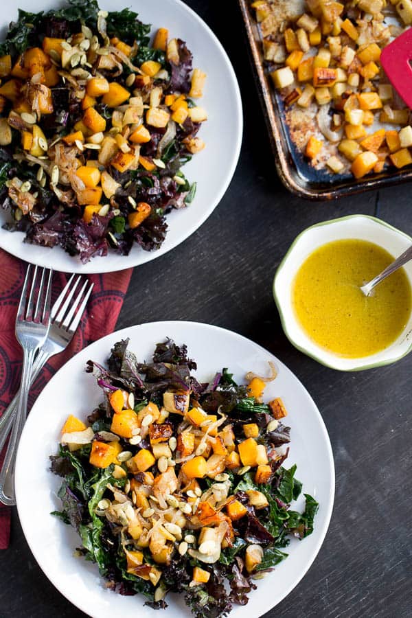 Kale Salad with Roasted Butternut Squash and Apples | paleo recipes | kale recipes | Whole30 recipes | butternut squash recipes | apple recipes | perrysplate.com