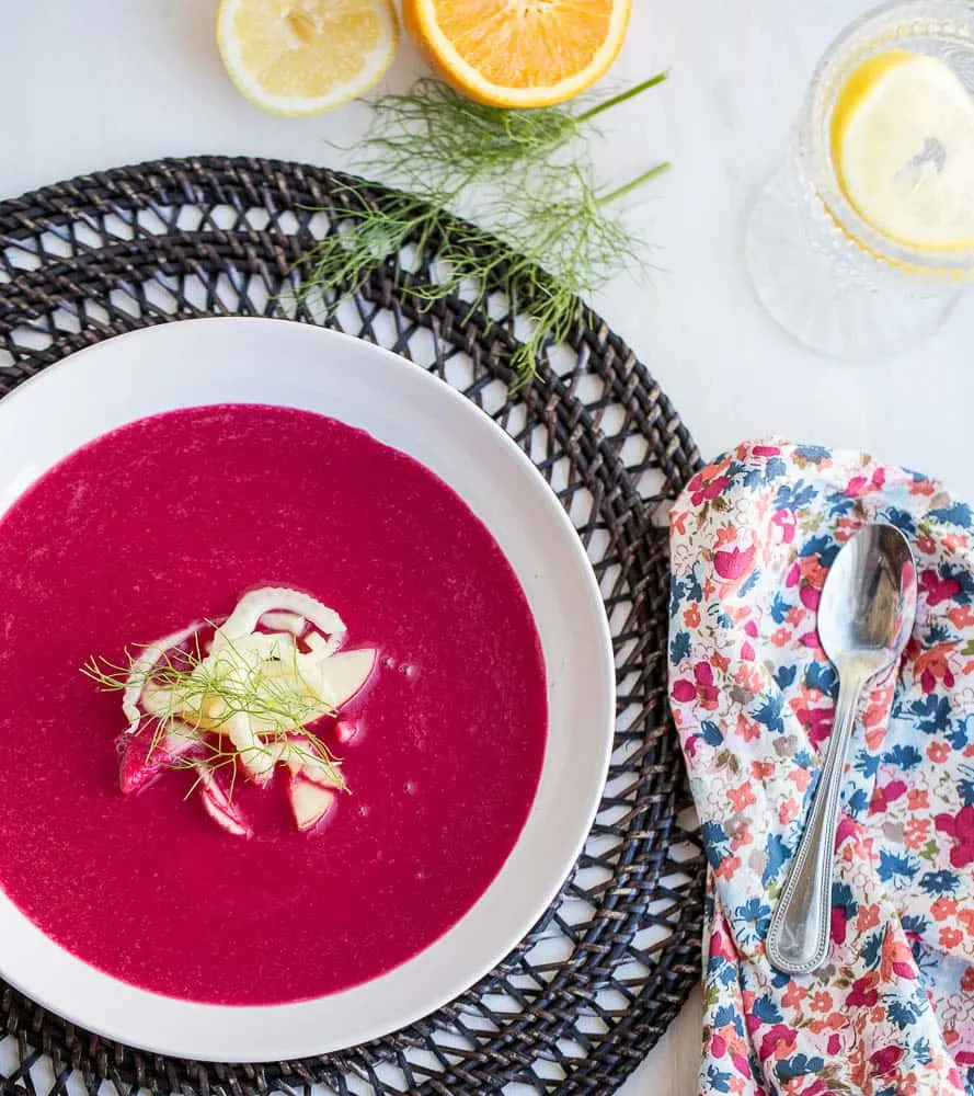 Slow Cooker Pureed Beet Soup with Apple-Fennel Slaw | Slow Cooker recipes | paleo recipes | crock pot recipes | paleo cookbooks | perrysplate.com