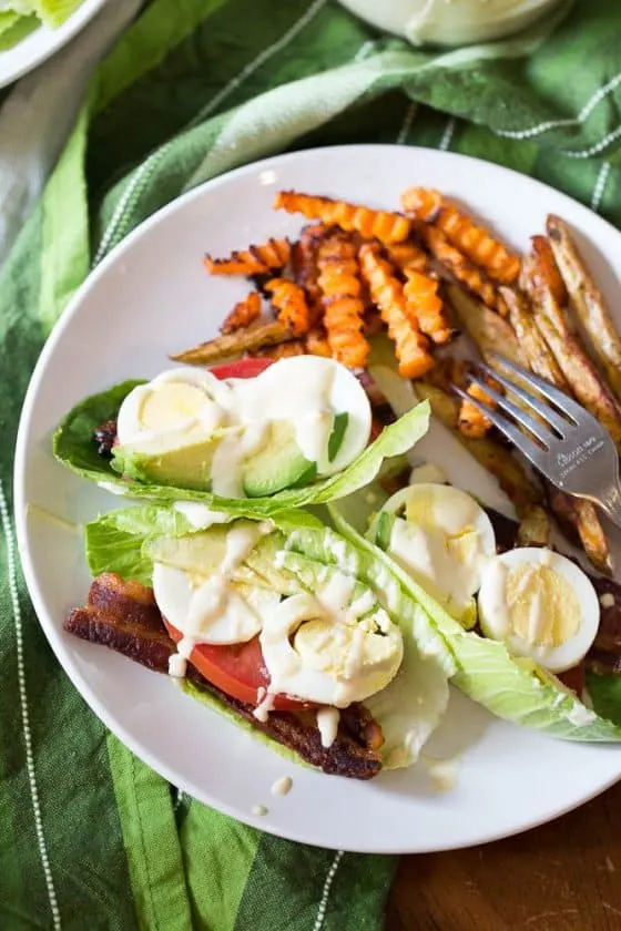 Cobb salad meets BLT meets lettuce wrap -- drizzled with a creamy mustard sauce. | Whole30 recipes | Keto recipes | low-carb recipes | perrysplate.com