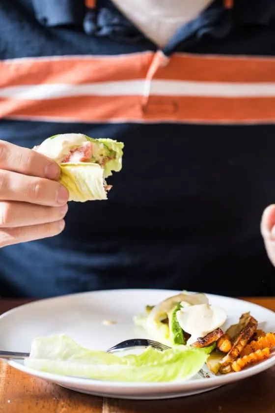 Cobb salad meets BLT meets lettuce wrap -- drizzled with a creamy mustard sauce. | Whole30 recipes | Keto recipes | low-carb recipes | perrysplate.com