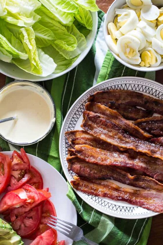 Cobb salad meets BLT meets lettuce wrap -- drizzled with a creamy mustard sauce. | Whole30 recipes | Keto recipes | low-carb recipes | perrysplate.com