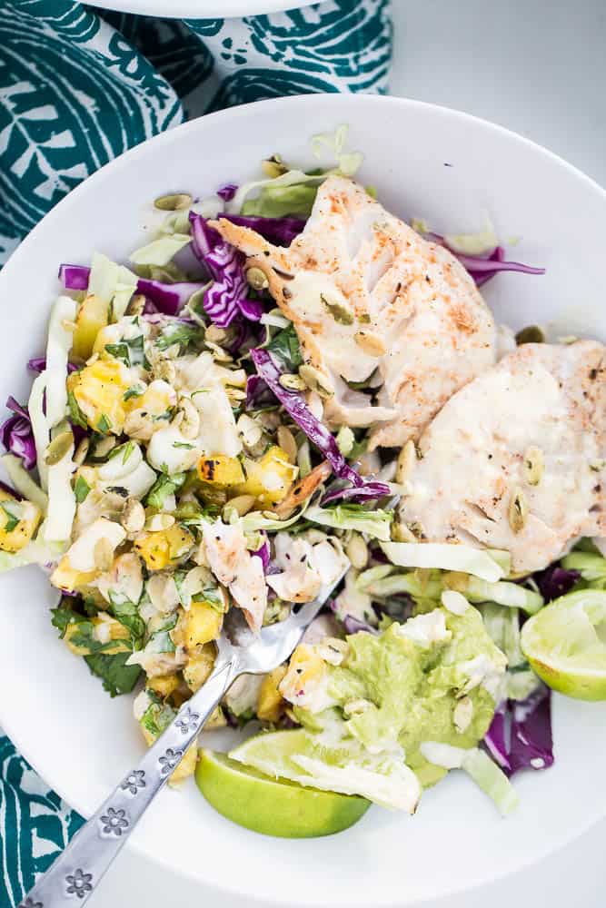Chile-Lime Fish Taco Bowls with Citrus Crema | Paleo recipes | Whole30 recipes | fish recipes | grilling recipes | perrysplate.com Chile-Lime Fish Taco Bowls with Citrus Crema | Paleo recipes | Whole30 recipes | fish recipes | grilling recipes | perrysplate.com