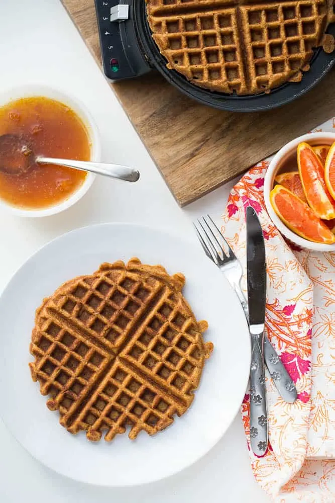 Paleo Sweet Potato Waffles with Orange-Maple Syrup | paleo recipes | waffle recipes | gluten-free recipes | sweet potatoes | perrysplate.com