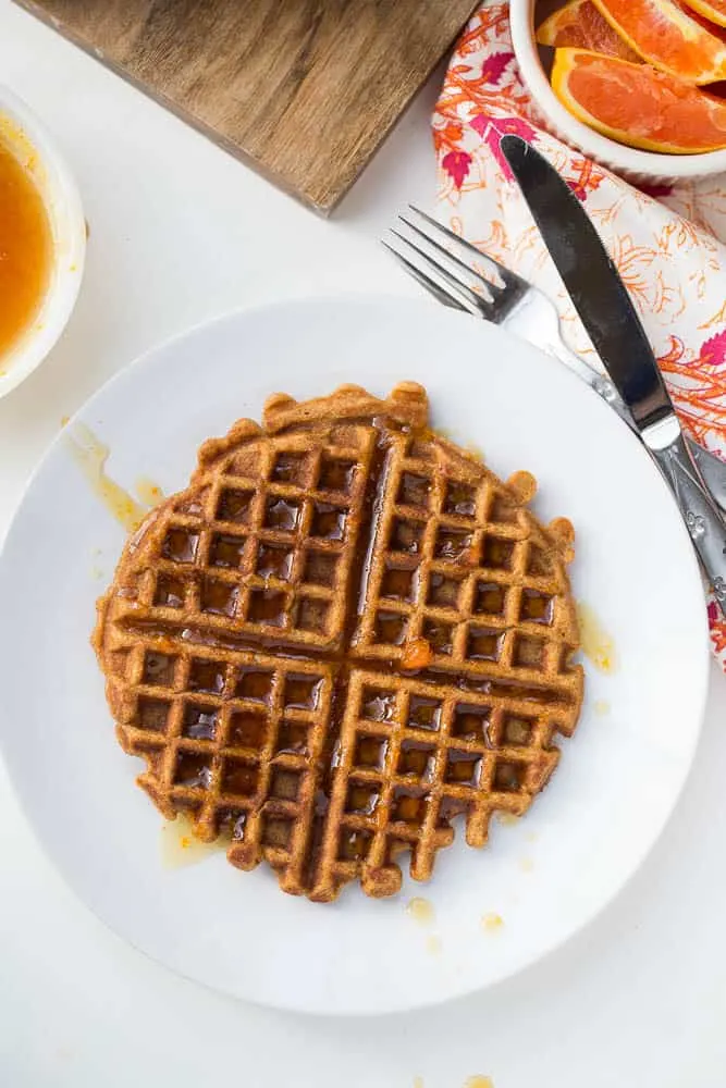 Paleo Sweet Potato Waffles with Orange-Maple Syrup | paleo recipes | waffle recipes | gluten-free recipes | sweet potatoes | perrysplate.com