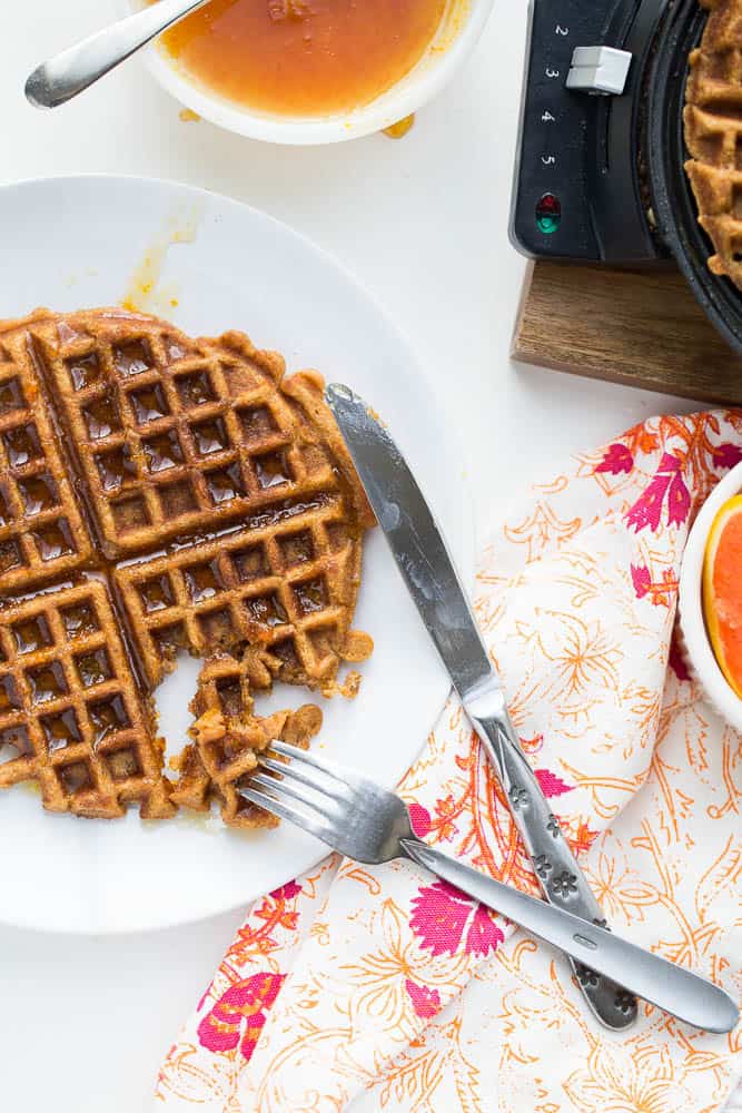 Paleo Sweet Potato Waffles with Orange-Maple Syrup | paleo recipes | waffle recipes | gluten-free recipes | sweet potatoes | perrysplate.com