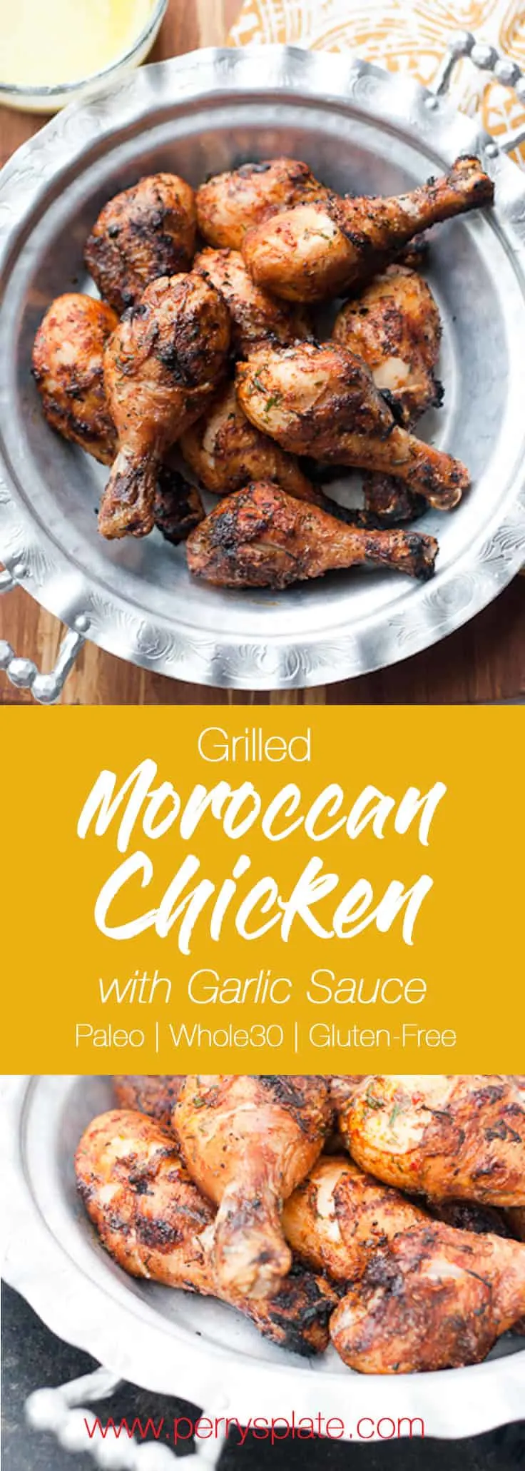 This grilled Moroccan chicken has the best and EASIEST marinade! Don't forget to make the garlic sauce. It totally makes this meal spectacular! | grilled chicken recipes | perrysplate.com