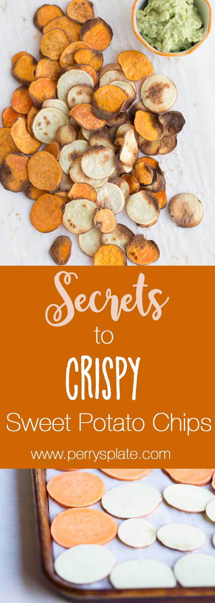 Secrets to crispy sweet potato chips! Roasting sweet potato chips is super easy and makes a great, homemade snack. | perrysplate.com