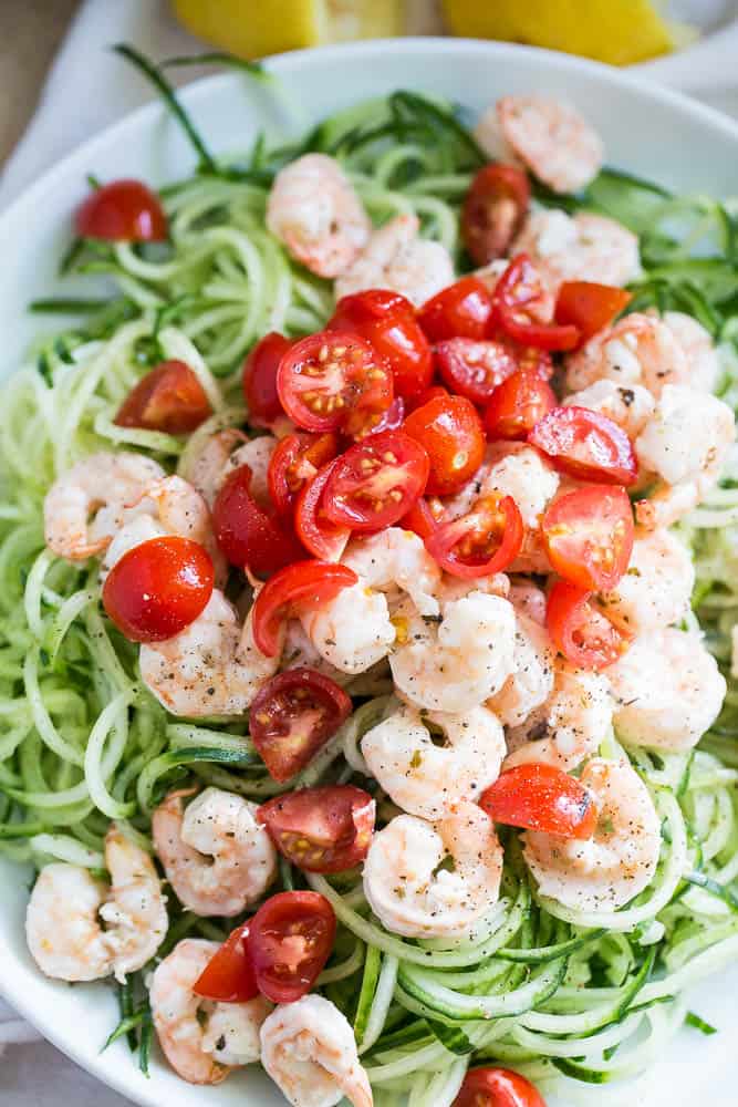 Creamy Greek Shrimp with Cucumber Noodles | Whole30 recipes | keto recipes | paleo recipes | gluten-free recipes | perrysplate.com Creamy Greek Shrimp with Cucumber Noodles | Whole30 recipes | keto recipes | paleo recipes | gluten-free recipes | perrysplate.com