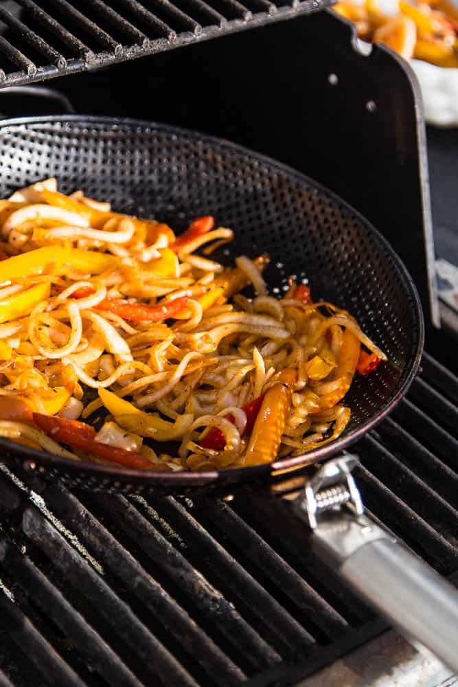 View from the grill pan with caramelized onions and peppers.