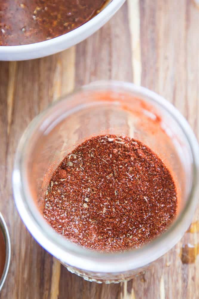 A jar of chorizo spice blend to make fajita marinade.