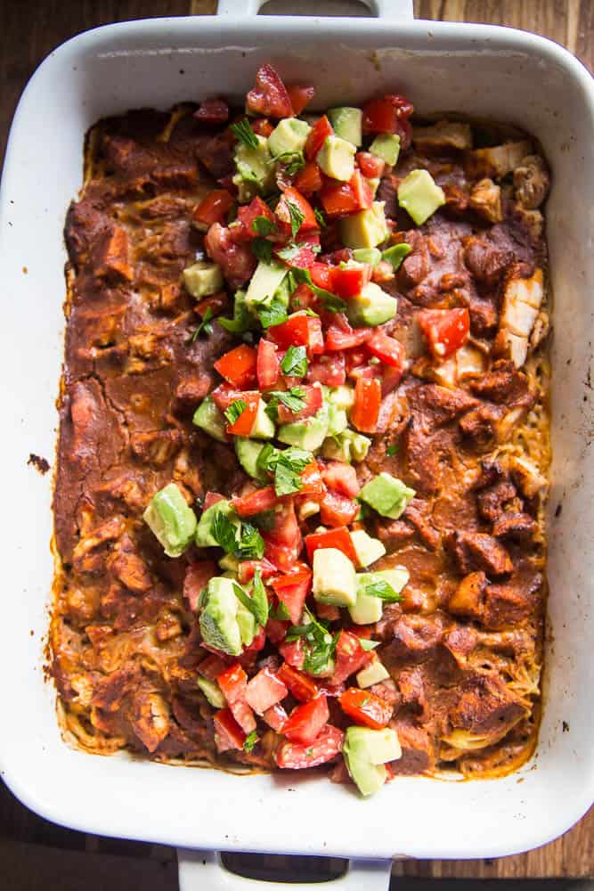 Chicken Enchilada & Spaghetti Squash Bake is a great make-ahead meal for families! It's Whole30 compliant, keto/low-carb friendly, and paleo. 