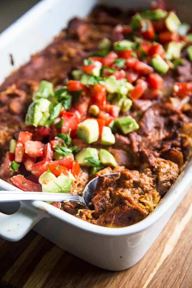 Chicken Enchilada & Spaghetti Squash Bake is a great make-ahead meal for families! It's Whole30 compliant, keto/low-carb friendly, and paleo. 