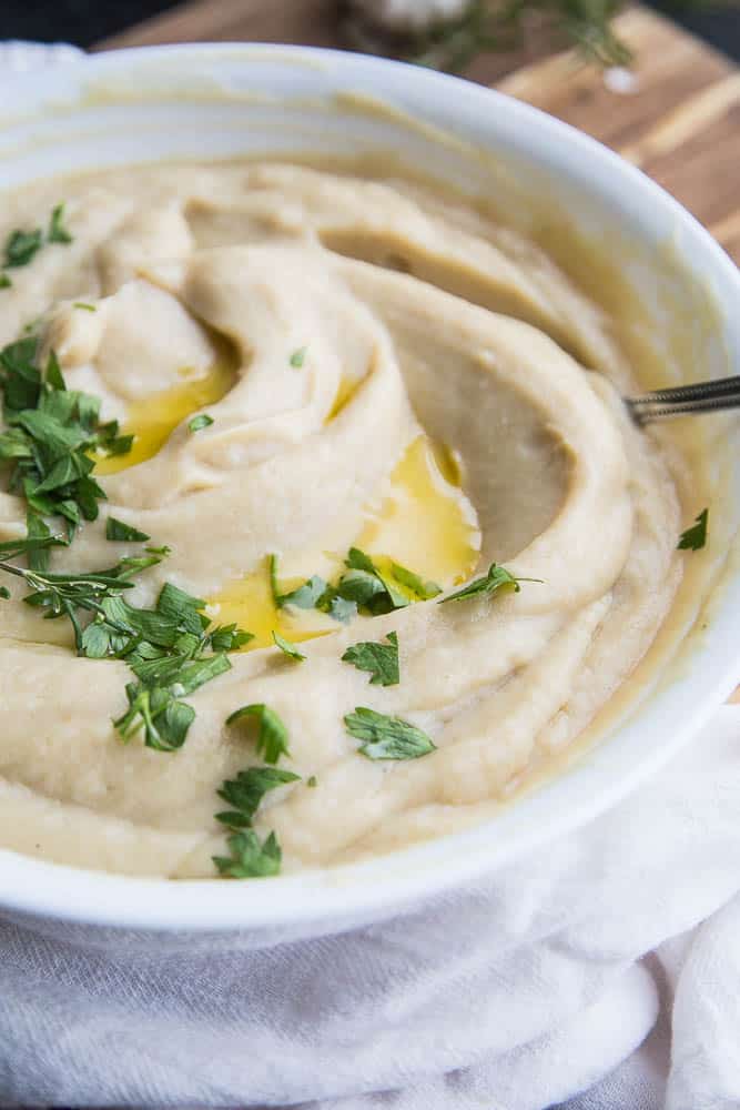 Large serving bowl with cauliflower puree.