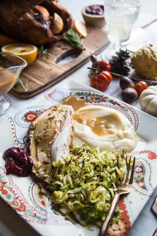 View of a complete paleo friendly Thanksgiving meal on a plate -- sliced turkey, cauliflower puree with gravy, cranberry sauce, and shredded roasted Brussels sprouts.