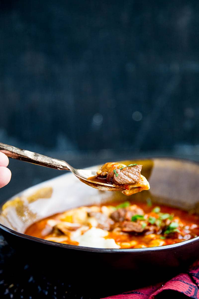 A spoonful of the goulash lifted out of the styled bowl -- view from the side.