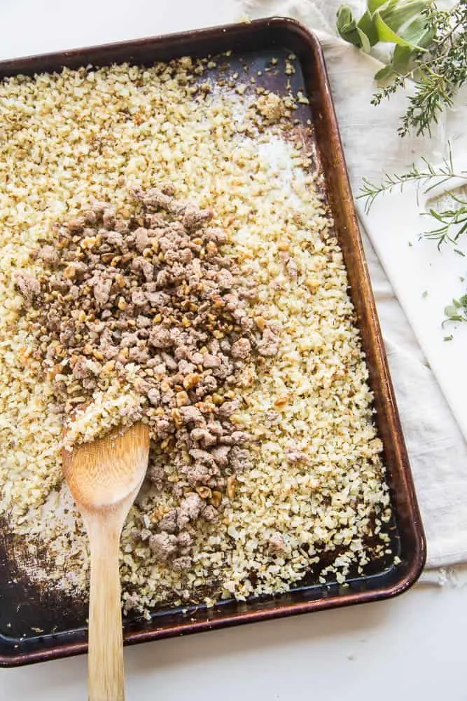 Paleo Roasted Cauliflower Stuffing with Sausage & Walnuts | paleo recipes | healthy Thanksgiving recipes | gluten-free recipes | Whole30 recipes | dairy-free recipes | perrysplate.com