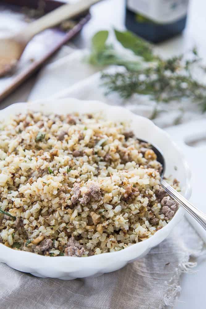 Paleo Roasted Cauliflower Stuffing with Sausage & Walnuts | paleo recipes | healthy Thanksgiving recipes | gluten-free recipes | Whole30 recipes | dairy-free recipes | perrysplate.com