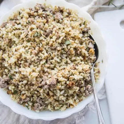 Paleo Roasted Cauliflower Stuffing with Sausage and Walnuts