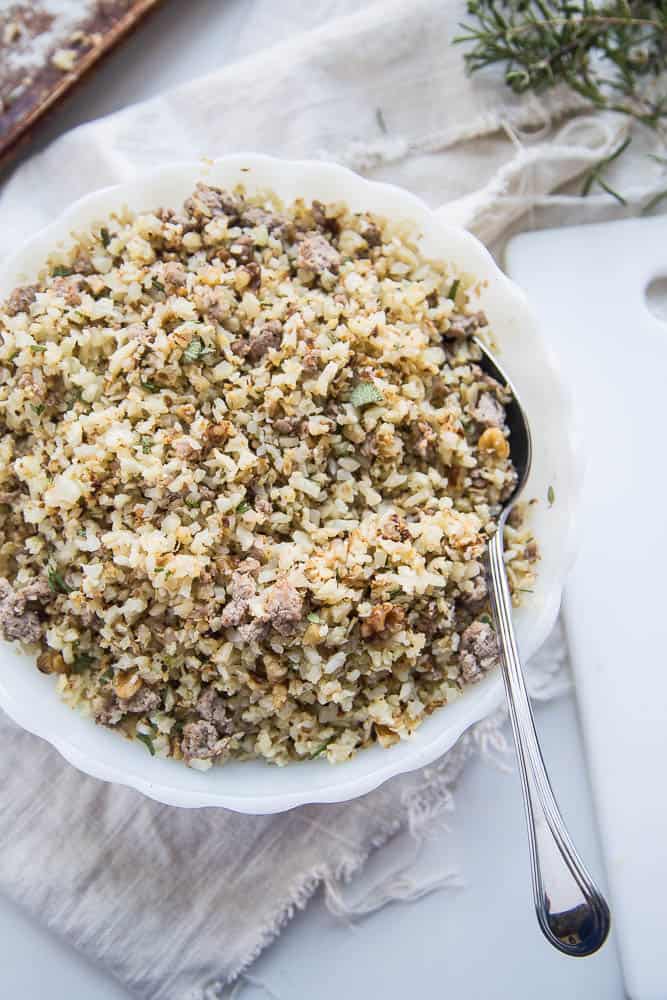 Paleo Roasted Cauliflower Stuffing with Sausage & Walnuts | paleo recipes | healthy Thanksgiving recipes | gluten-free recipes | Whole30 recipes | dairy-free recipes | perrysplate.com