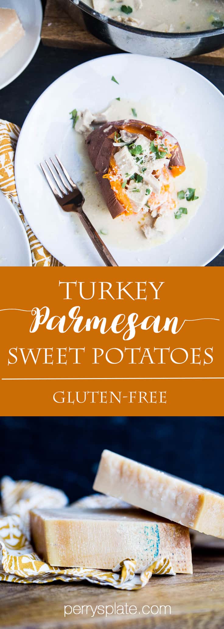 Turkey Parmesan Stuffed Sweet Potatoes | turkey recipes | sweet potato recipes | easy weeknight recipes | gluten-free recipes | perrysplate.com