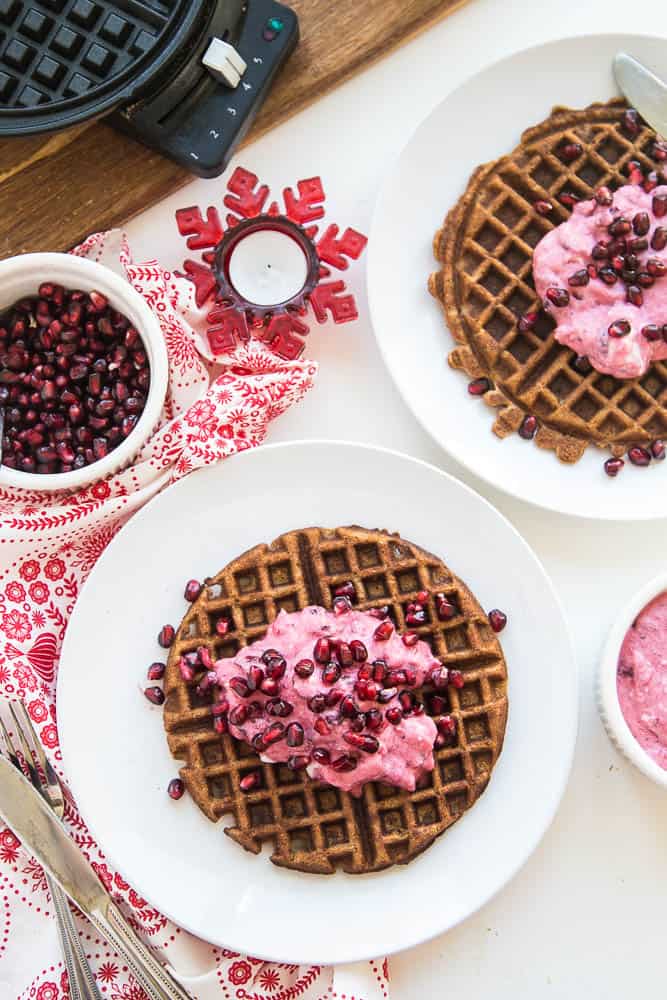 Chai Paleo Gingerbread Waffles with Pomegranate & Cranberry Cream | paleo recipes | Christmas breakfast recipes | gingerbread recipes | gluten-free waffle recipes | dairy free recipes | perrysplate.com