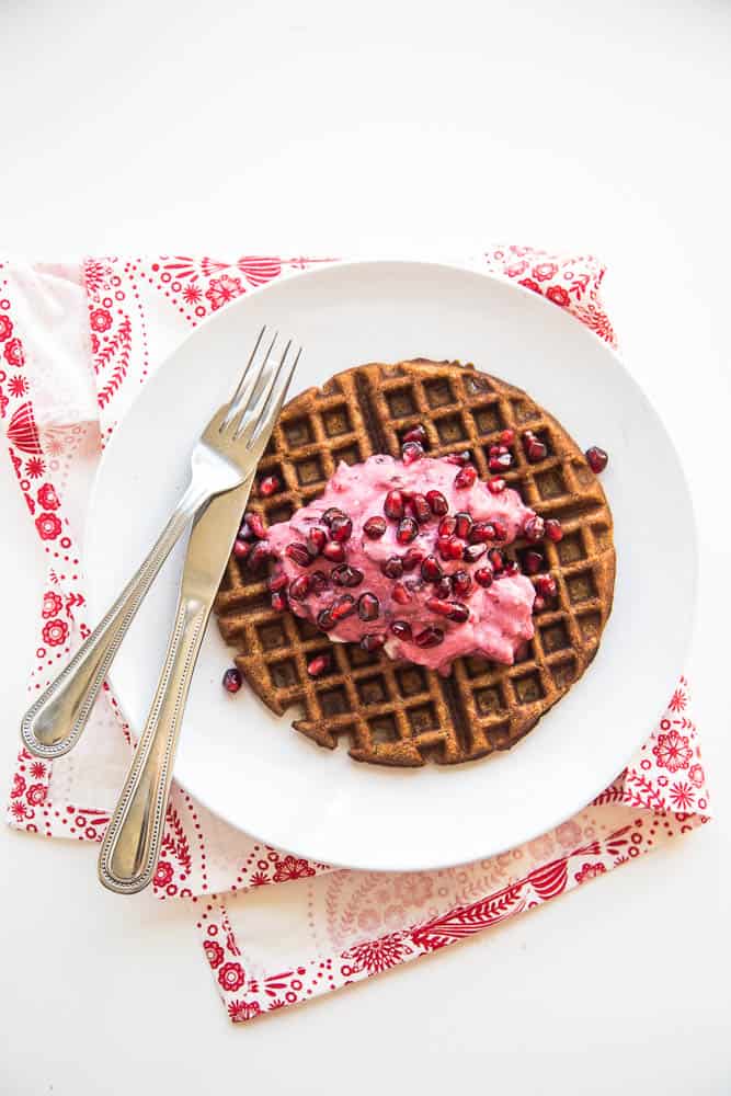 Chai Paleo Gingerbread Waffles with Pomegranate & Cranberry Cream | paleo recipes | Christmas breakfast recipes | gingerbread recipes | gluten-free waffle recipes | dairy free recipes | perrysplate.com