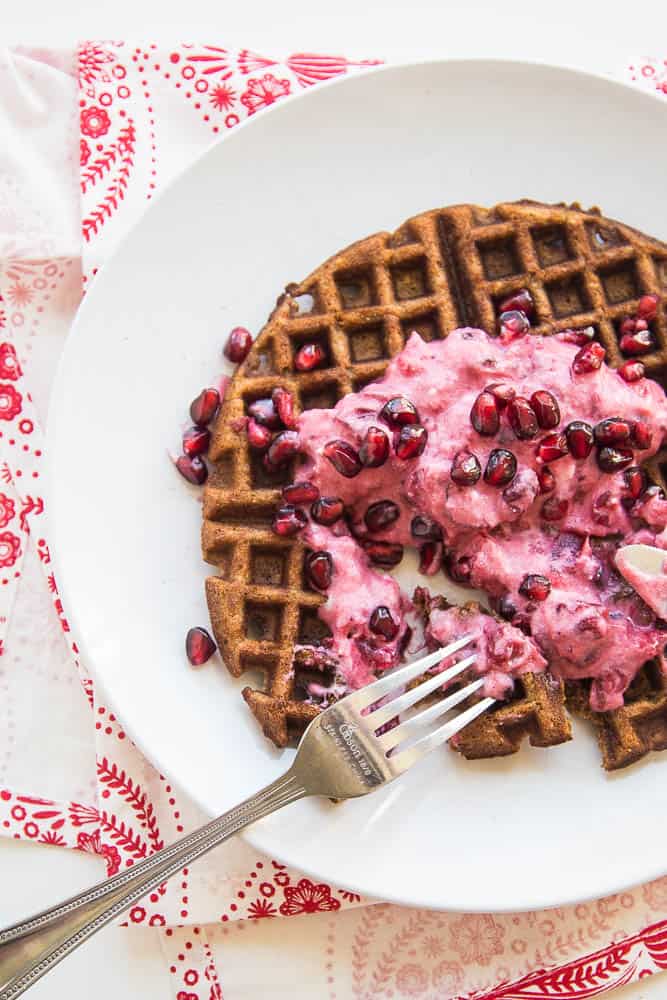 Chai Paleo Gingerbread Waffles with Pomegranate & Cranberry Cream | paleo recipes | Christmas breakfast recipes | gingerbread recipes | gluten-free waffle recipes | dairy free recipes | perrysplate.com