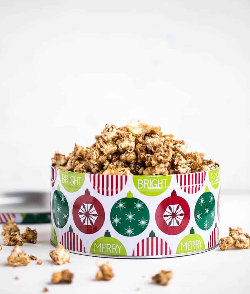 Loaded Chai Caramel Popcorn (Dairy & Gluten Free!) | popcorn recipes | gluten-free recipes | dairy-free recipes | chai recipes | Christmas recipes | holiday gift ideas | neighbor treat ideas | perrysplate.com