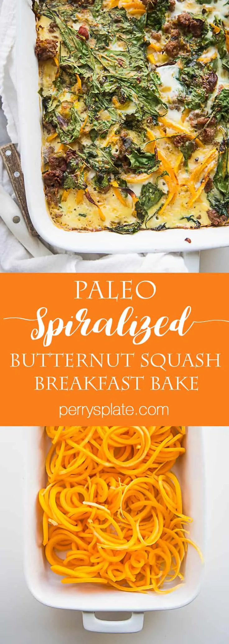 Spiralized Butternut Squash Breakfast Bake | Paleo recipes | low carb recipes | butternut squash recipes | brunch recipes | gluten-free recipes | dairy free recipes | perrysplate.com