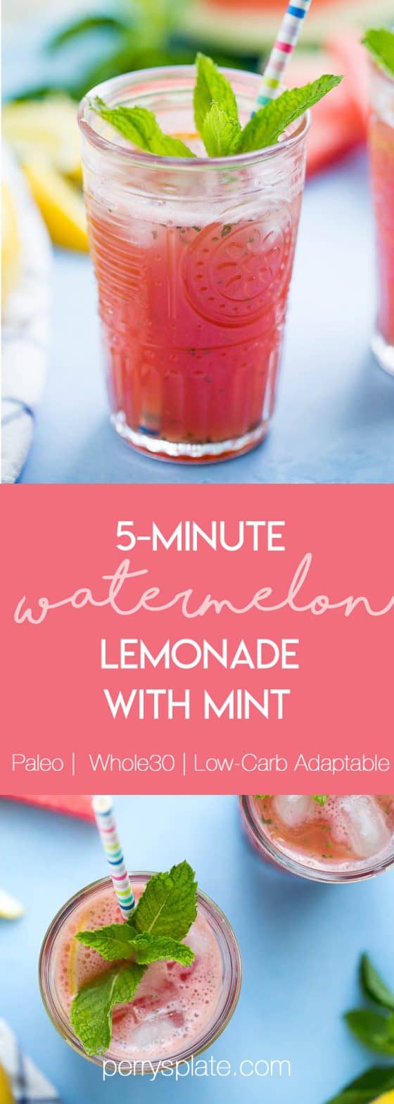 5-Minute Watermelon Lemonade with Mint is a perfect little summer drink that is easily adaptable to be Whole30, Low-Carb, or Paleo friendly. | perrysplate.com