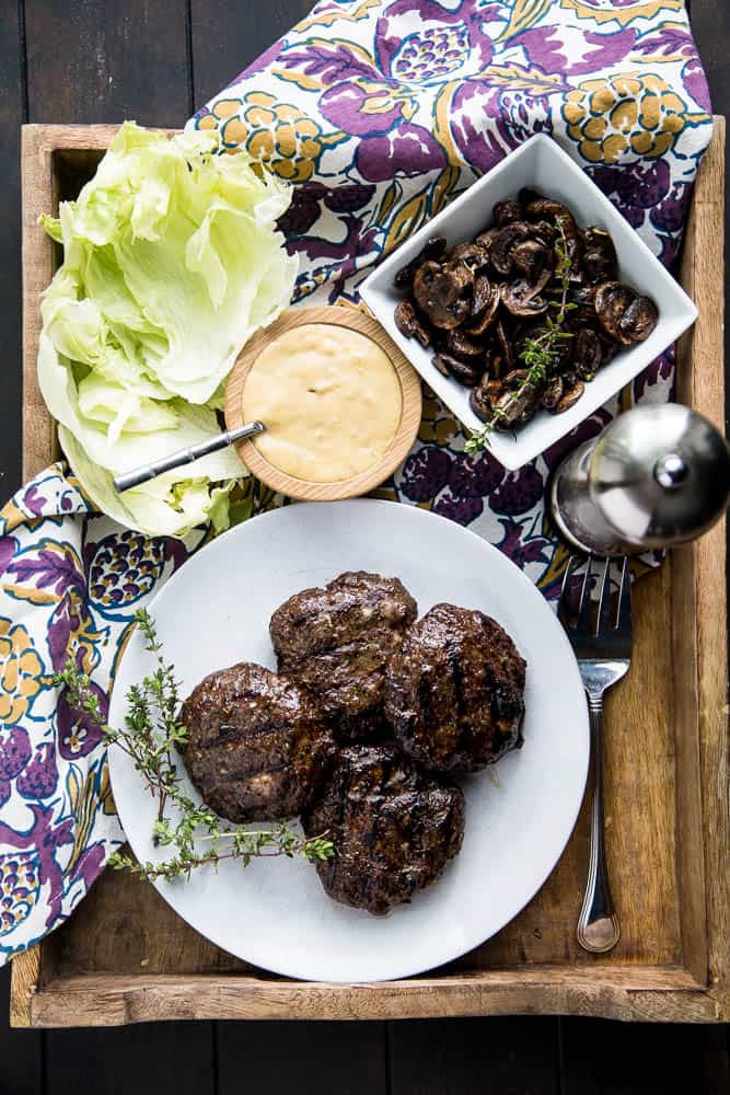 Double Mushroom Burgers with Roasted Garlic Aioli is a fabulous paleo & Whole30 friendly burger full of blended dried mushrooms! perrysplate.com