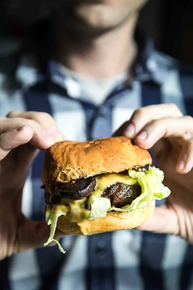 Double Mushroom Burgers with Roasted Garlic Aioli is a fabulous burger full of blended dried mushrooms! perrysplate.com