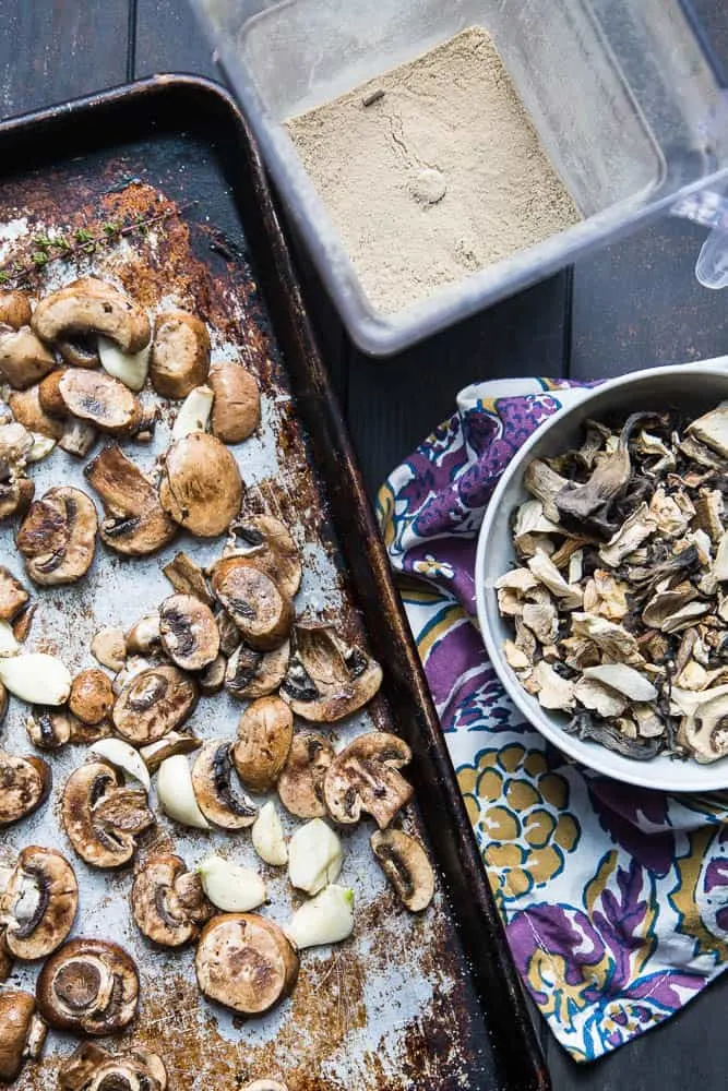 Double Mushroom Burgers with Roasted Garlic Aioli is a fabulous paleo & Whole30 friendly burger full of blended dried mushrooms! perrysplate.com