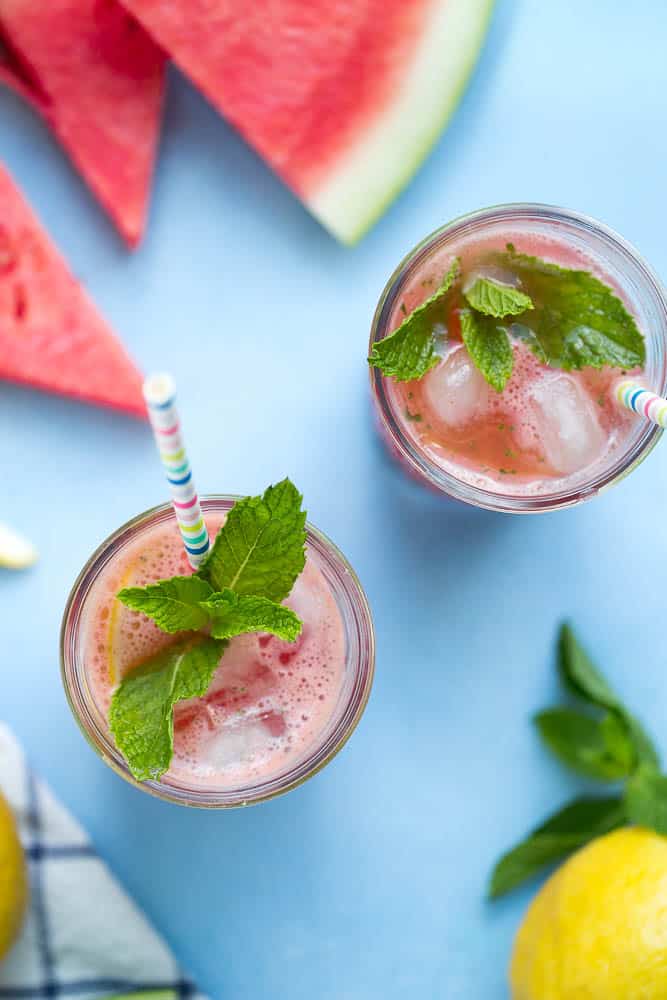 5-Minute Watermelon Lemonade with Mint is a perfect little summer drink that is easily adaptable to be Whole30, Low-Carb, or Paleo friendly. | perrysplate.com