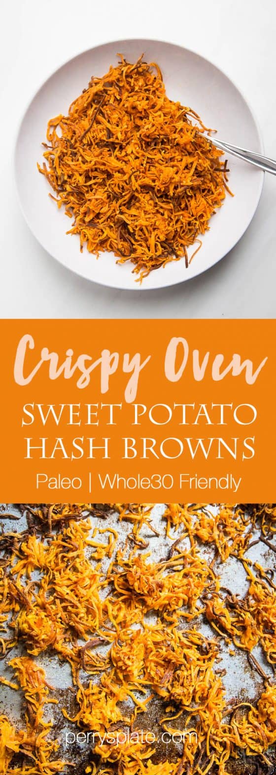 The secret of making crispy sweet potato hash browns is roasting them on a hot pan with plenty of bacon drippings or ghee. Step by step tutorial over at perrysplate.com! | sweet potato recipes | paleo recipes | Whole30 recipes