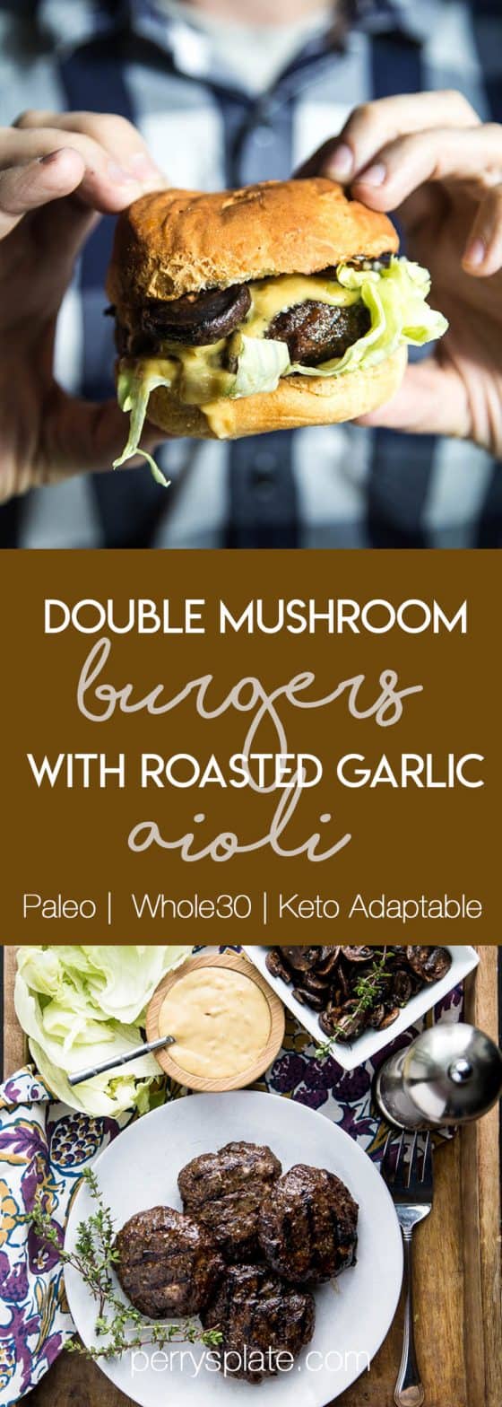 Double Mushroom Burgers with Roasted Garlic Aioli is a fabulous burger full of blended dried mushrooms! perrysplate.com